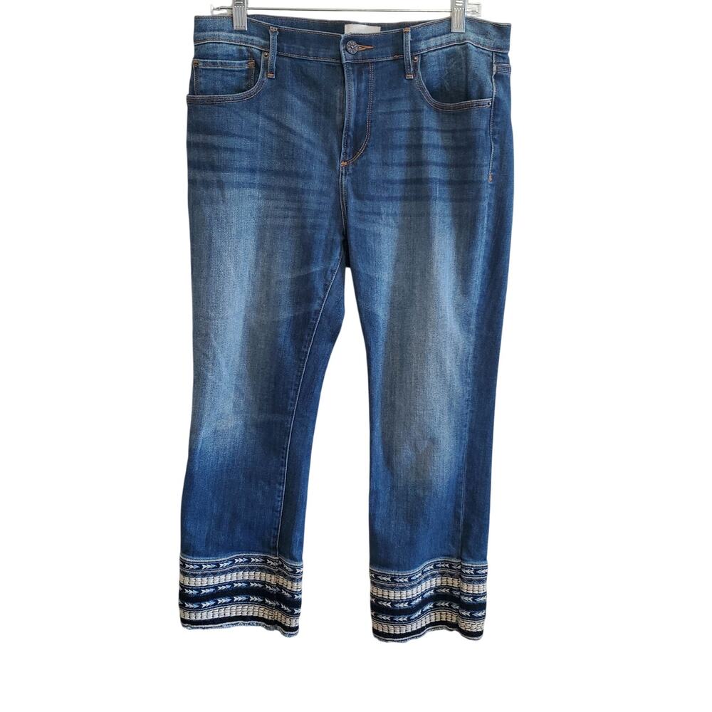 Driftwood Colette Boho Embroidered Hem Crop Jeans Size 32X27 Med Wash Southwest